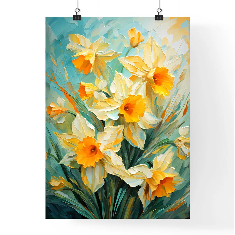 Lovely Yellow Daffodil Flowers On Green Back Poster