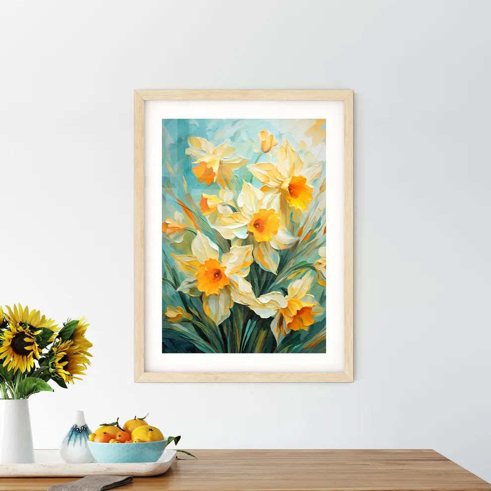 Lovely Yellow Daffodil Flowers On Green Back Framed Print