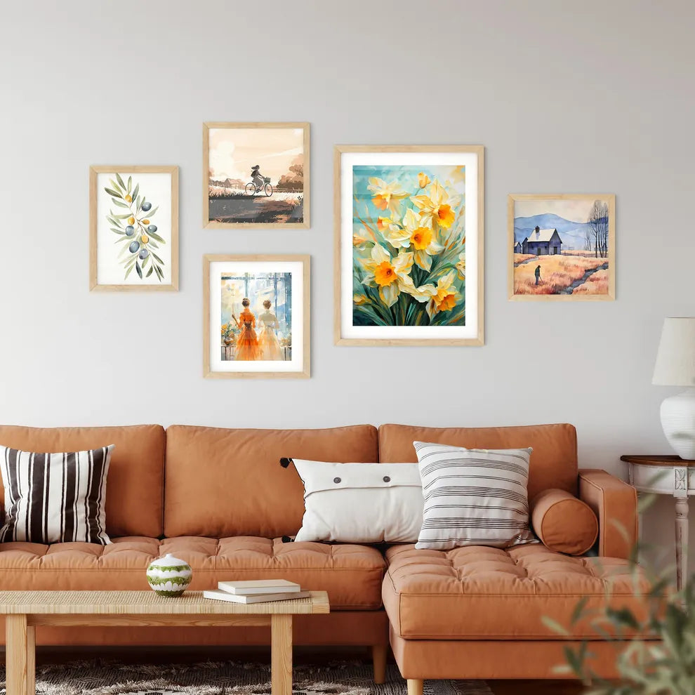 Lovely Yellow Daffodil Flowers On Green Back Wall Art