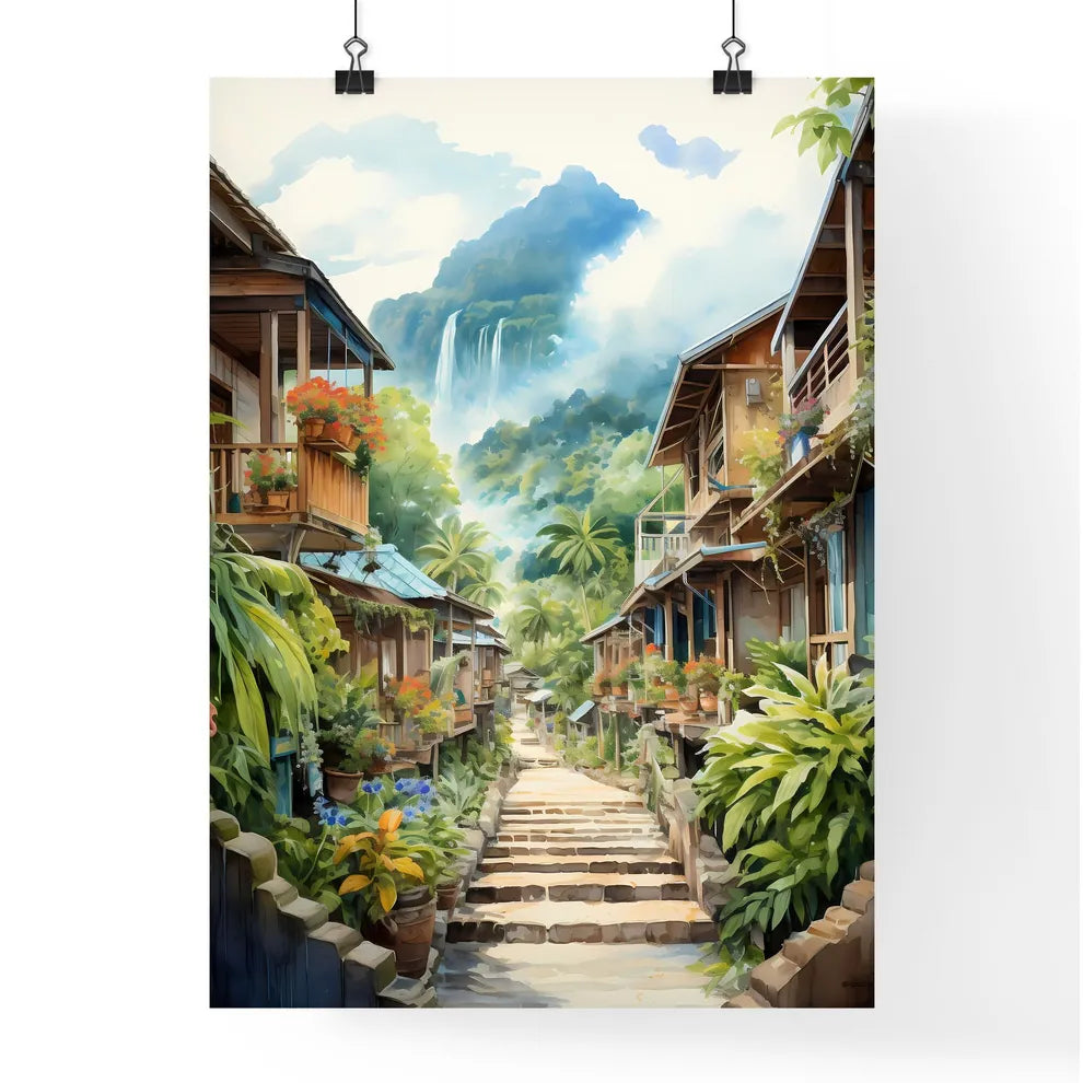 Malaysia Village In Watercolor Painting - A Street With Buildings And Plants Poster