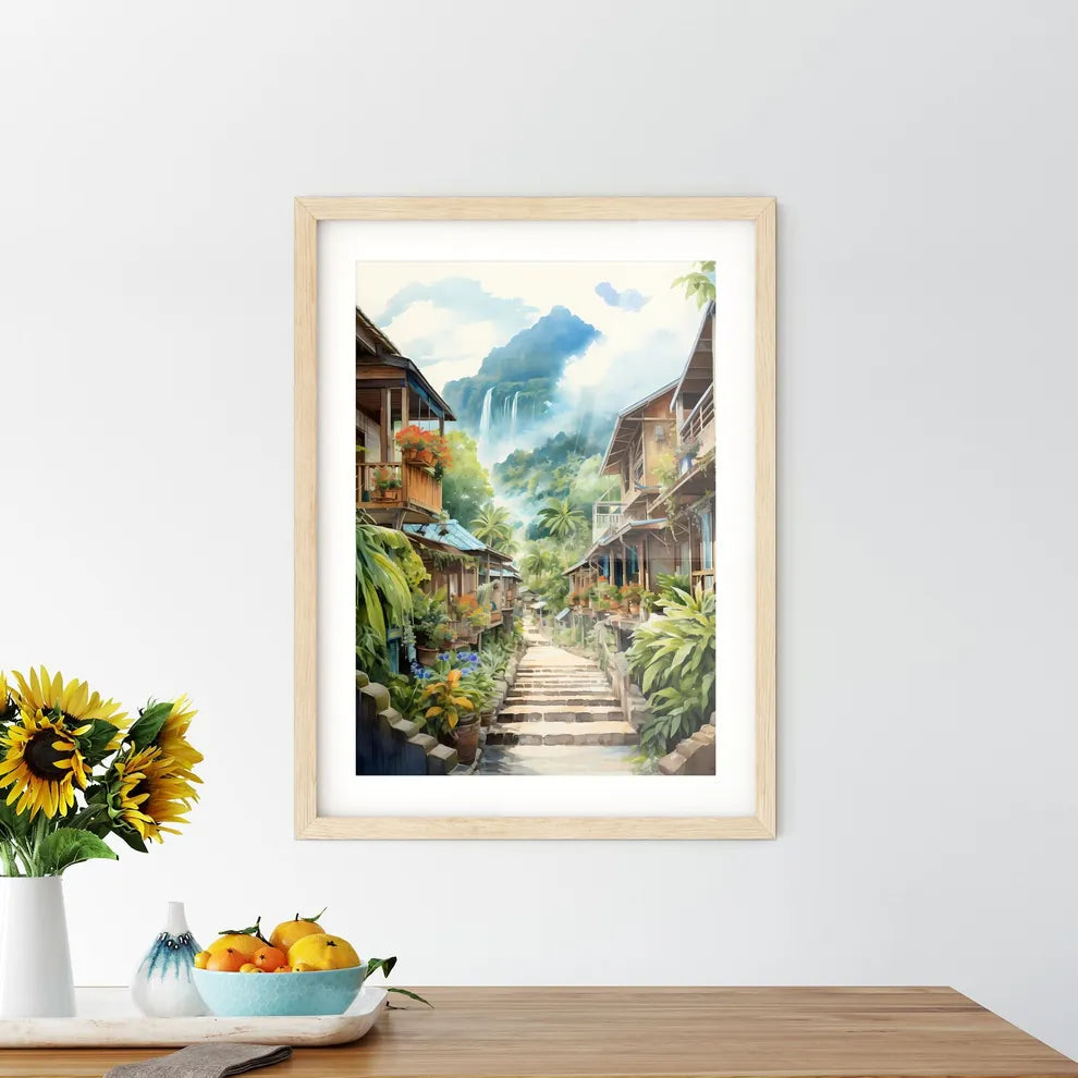 Malaysia Village In Watercolor Painting - A Street With Buildings And Plants Custom Print