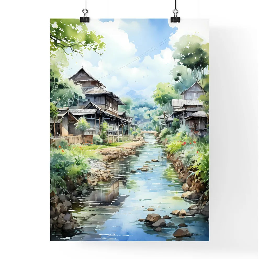 Malaysia Village In Watercolor Painting - A Watercolor Of A River With Houses And Trees Poster