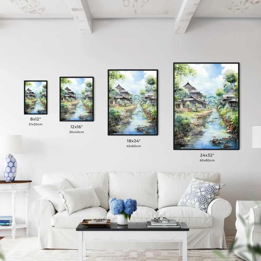Malaysia Village In Watercolor Painting - A Watercolor Of A River With Houses And Trees Size Chart