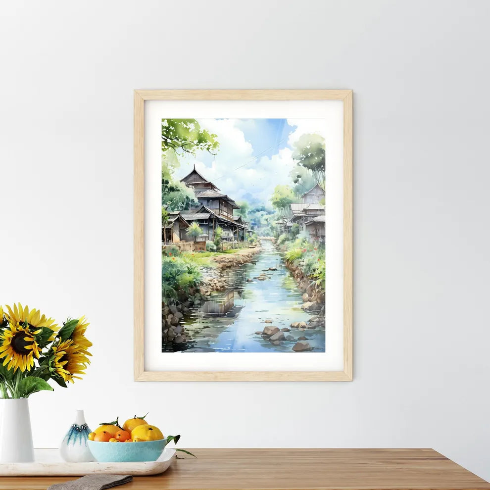 Malaysia Village In Watercolor Painting - A Watercolor Of A River With Houses And Trees Custom Print