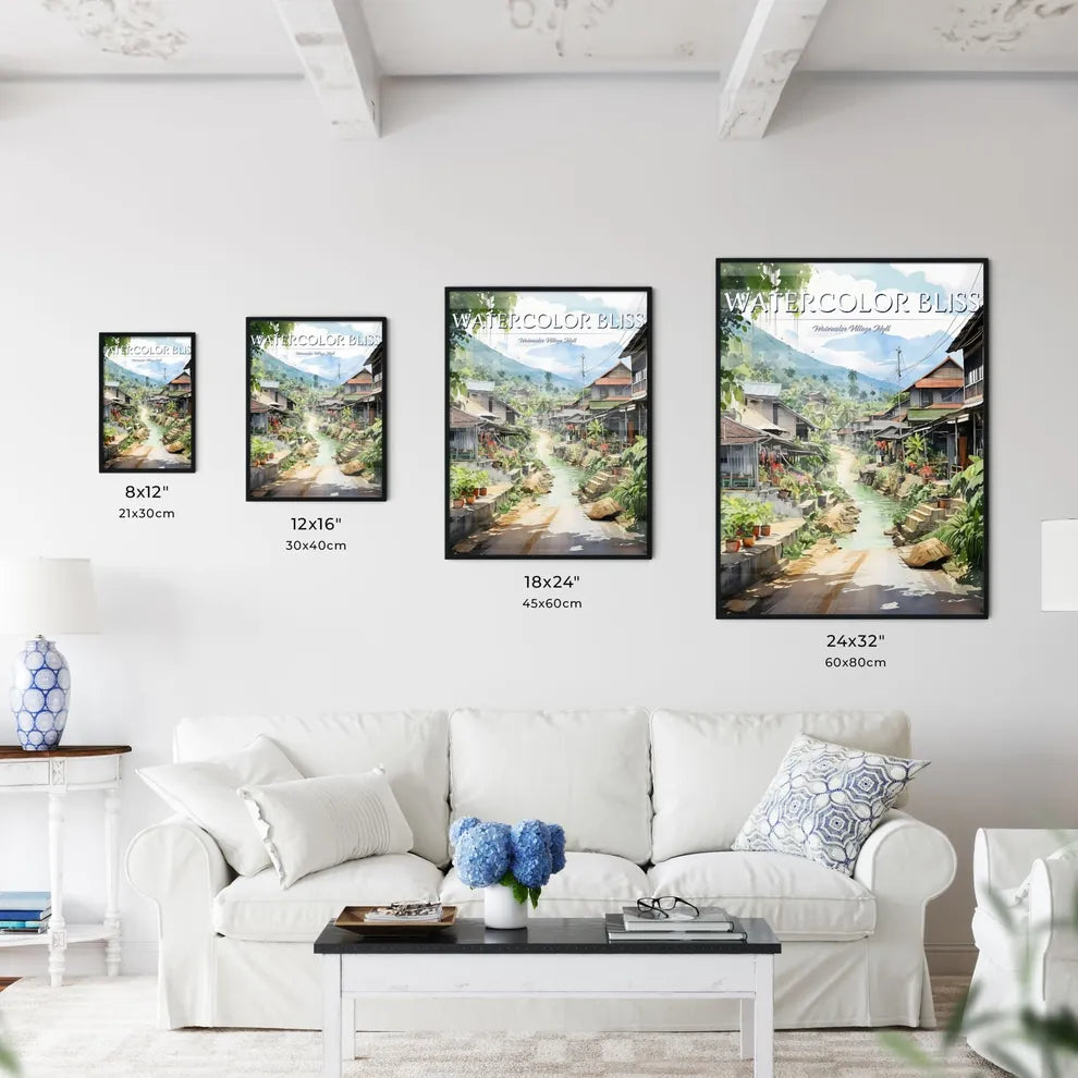 Malaysia Village In Watercolor Painting - A Water Way Between Houses Size Chart