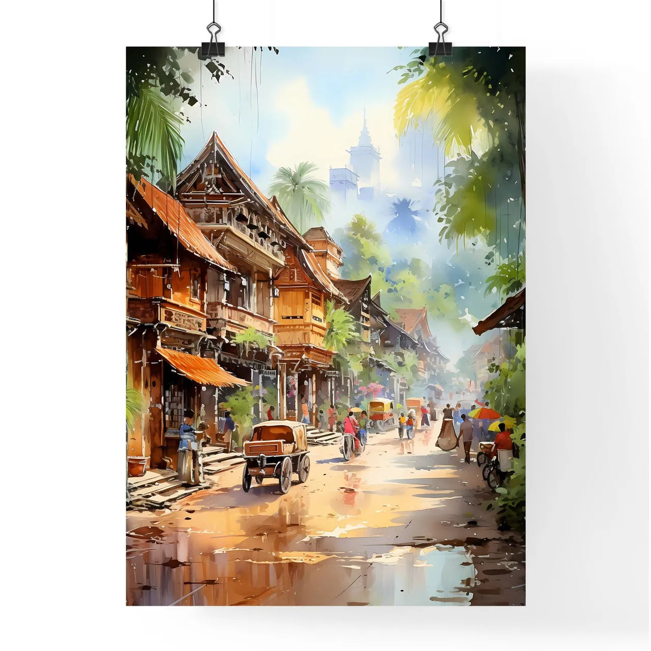 Malaysia Village In Watercolor Painting - A Street With Buildings And People Poster