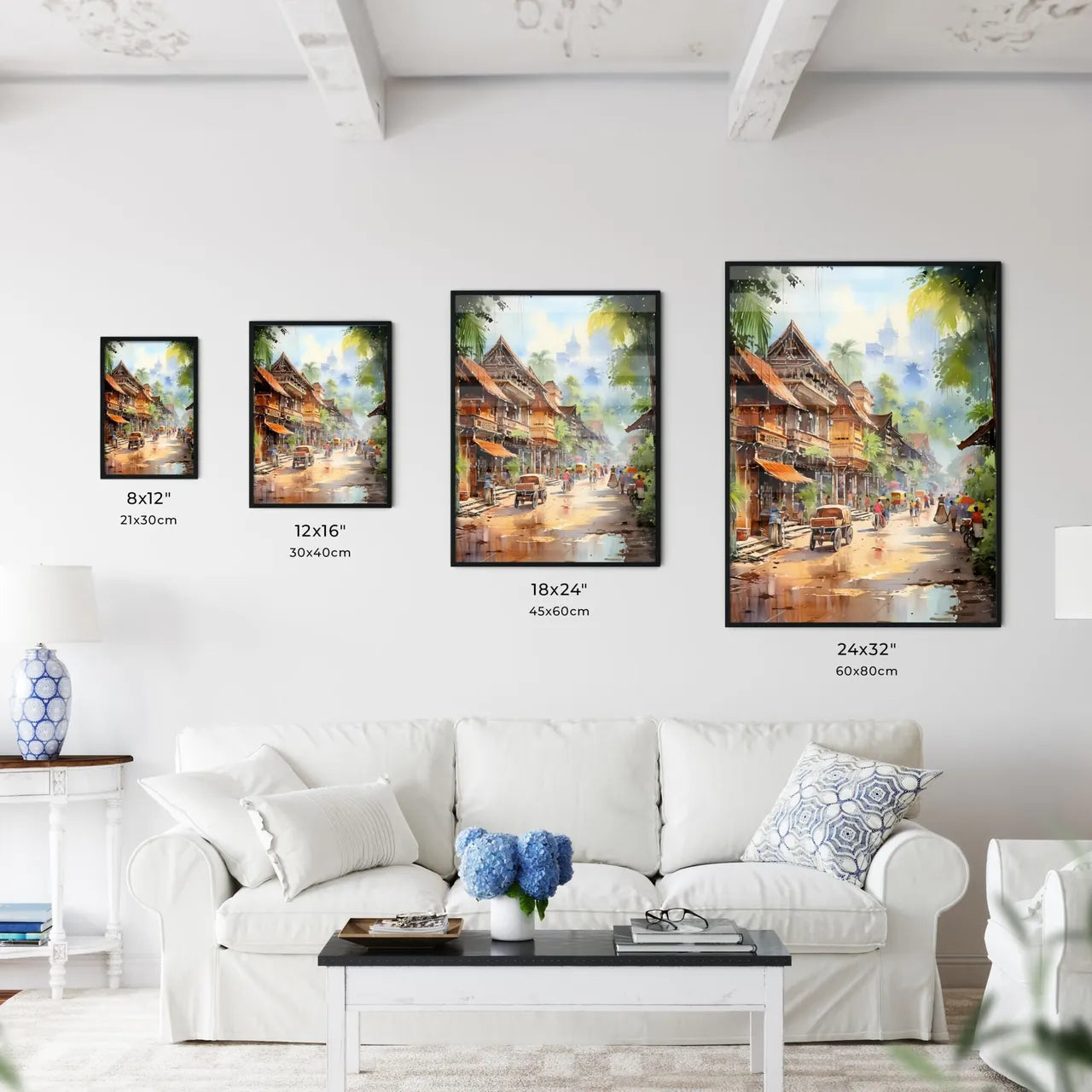 Malaysia Village In Watercolor Painting - A Street With Buildings And People Size Chart