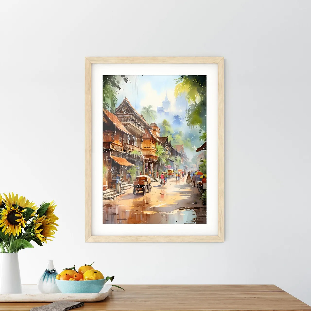 Malaysia Village In Watercolor Painting - A Street With Buildings And People Custom Print