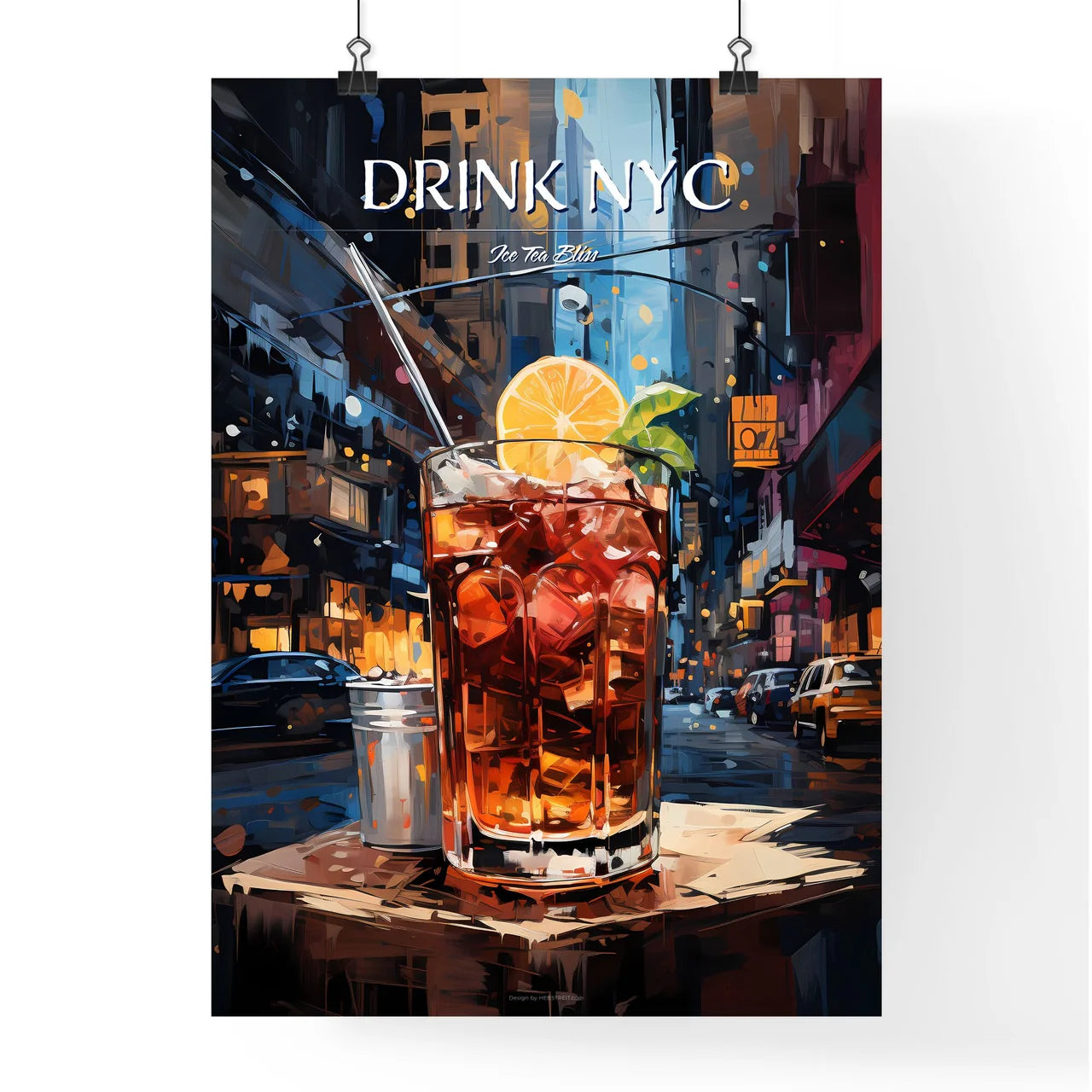 New York Sour Cocktail - A Glass Of Ice Tea With A Lemon Slice And A Metal Bucket On A Table In A City Poster