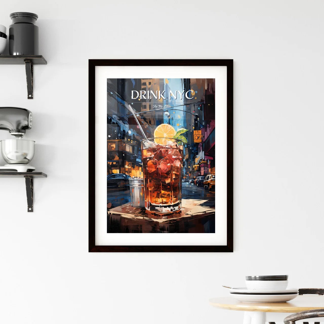 New York Sour Cocktail - A Glass Of Ice Tea With A Lemon Slice And A Metal Bucket On A Table In A City Custom Print