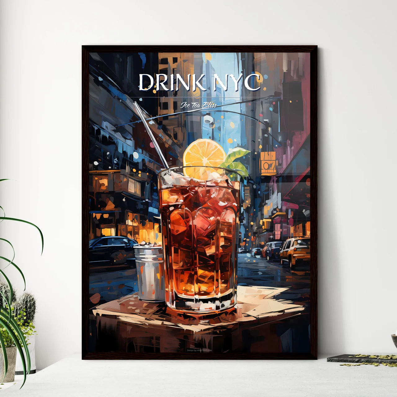 New York Sour Cocktail - A Glass Of Ice Tea With A Lemon Slice And A Metal Bucket On A Table In A City Framed Art