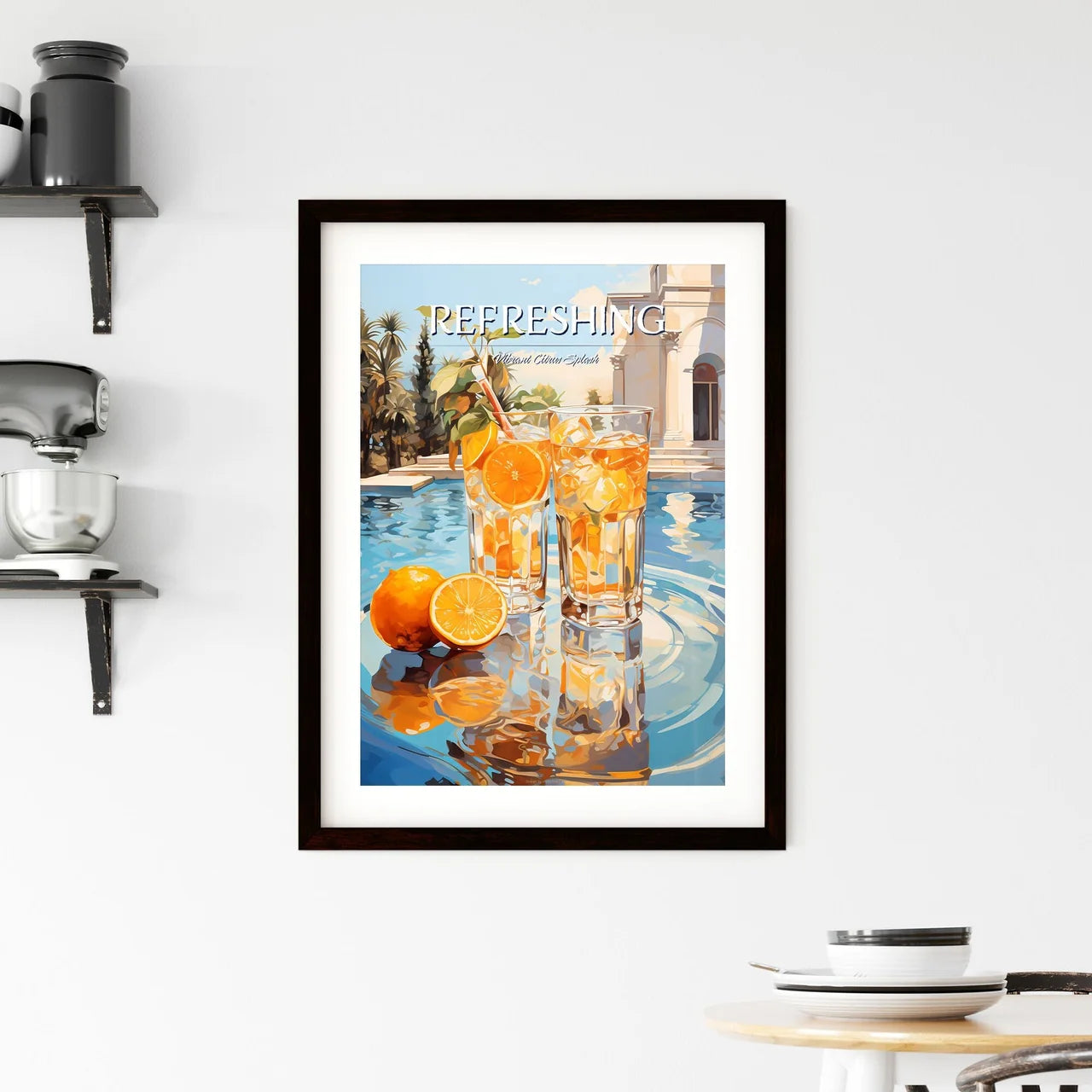 Orange Cocktail Stands On Edge Of Pool - Two Framed Print