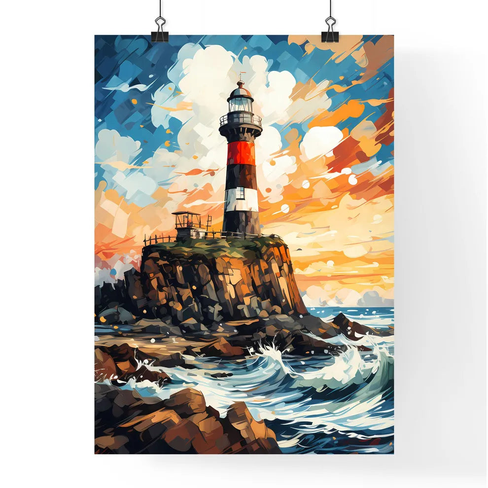 Painting Of Lighthouse Amount The Sea - A Lighthouse On A Rocky Island Poster