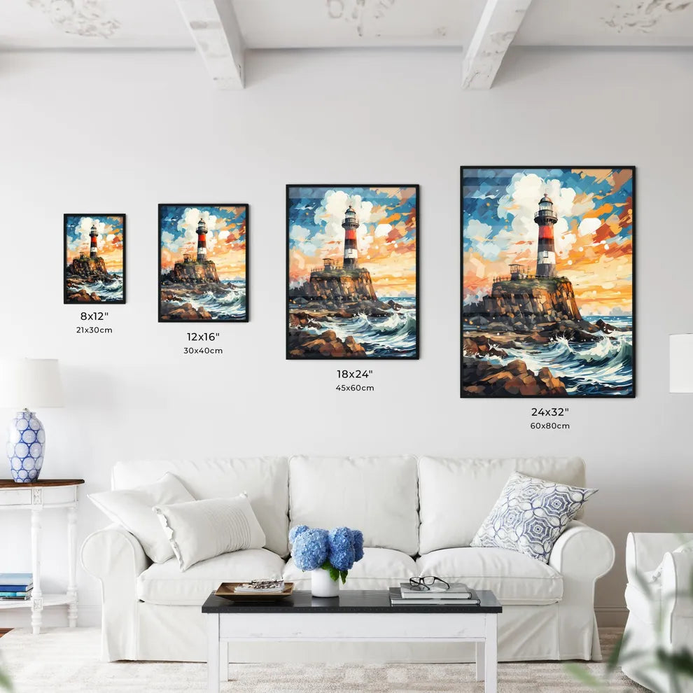 Painting Of Lighthouse Amount The Sea - A Lighthouse On A Rocky Island Size Chart