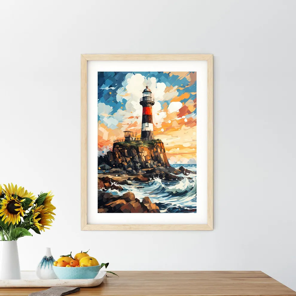 Painting Of Lighthouse Amount The Sea - A Lighthouse On A Rocky Island Custom Print