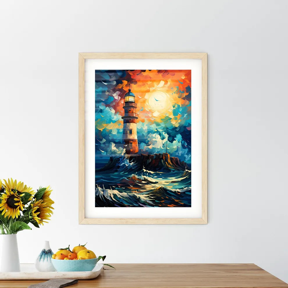 Painting Of Lighthouse Amount The Sea - A Painting Of A Lighthouse In The Ocean Custom Print