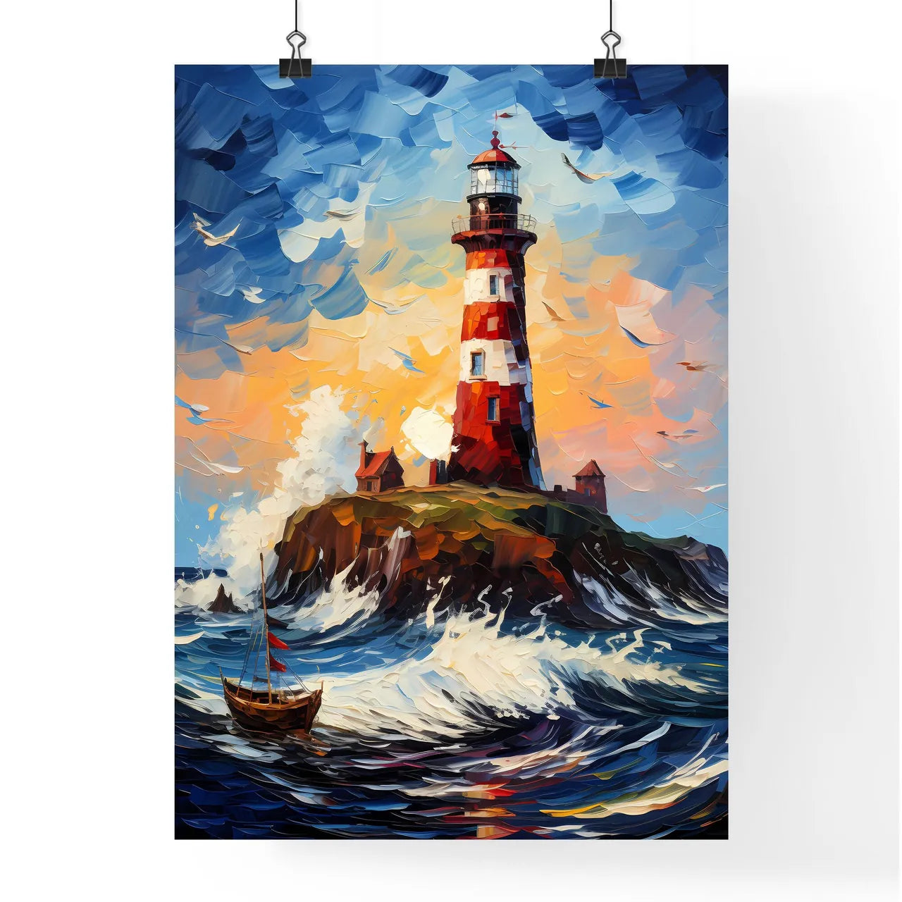 Painting Of Lighthouse Amount The Sea - A Painting Of A Lighthouse On An Island With A Boat In The Ocean Poster