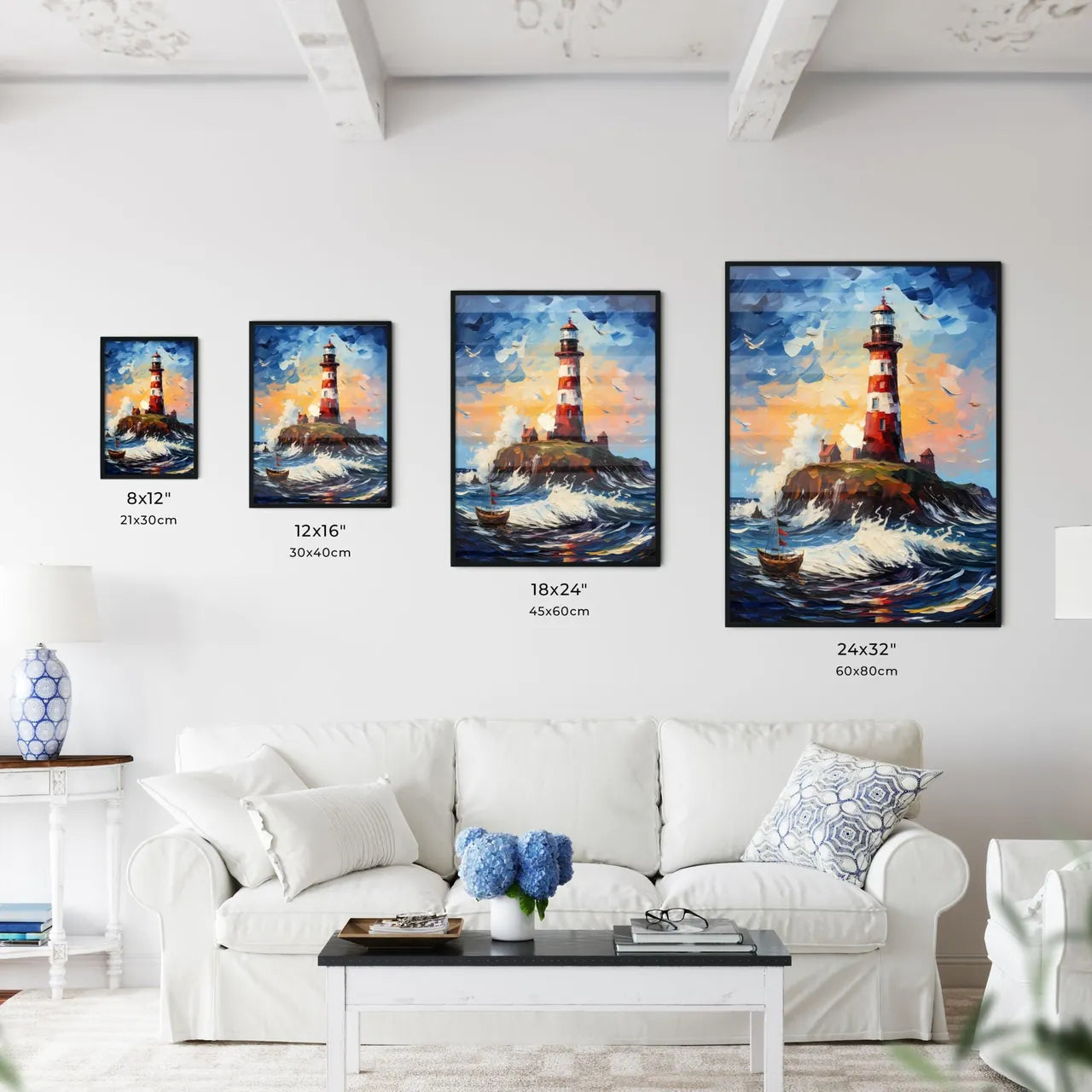 Painting Of Lighthouse Amount The Sea - A Painting Of A Lighthouse On An Island With A Boat In The Ocean Size Chart