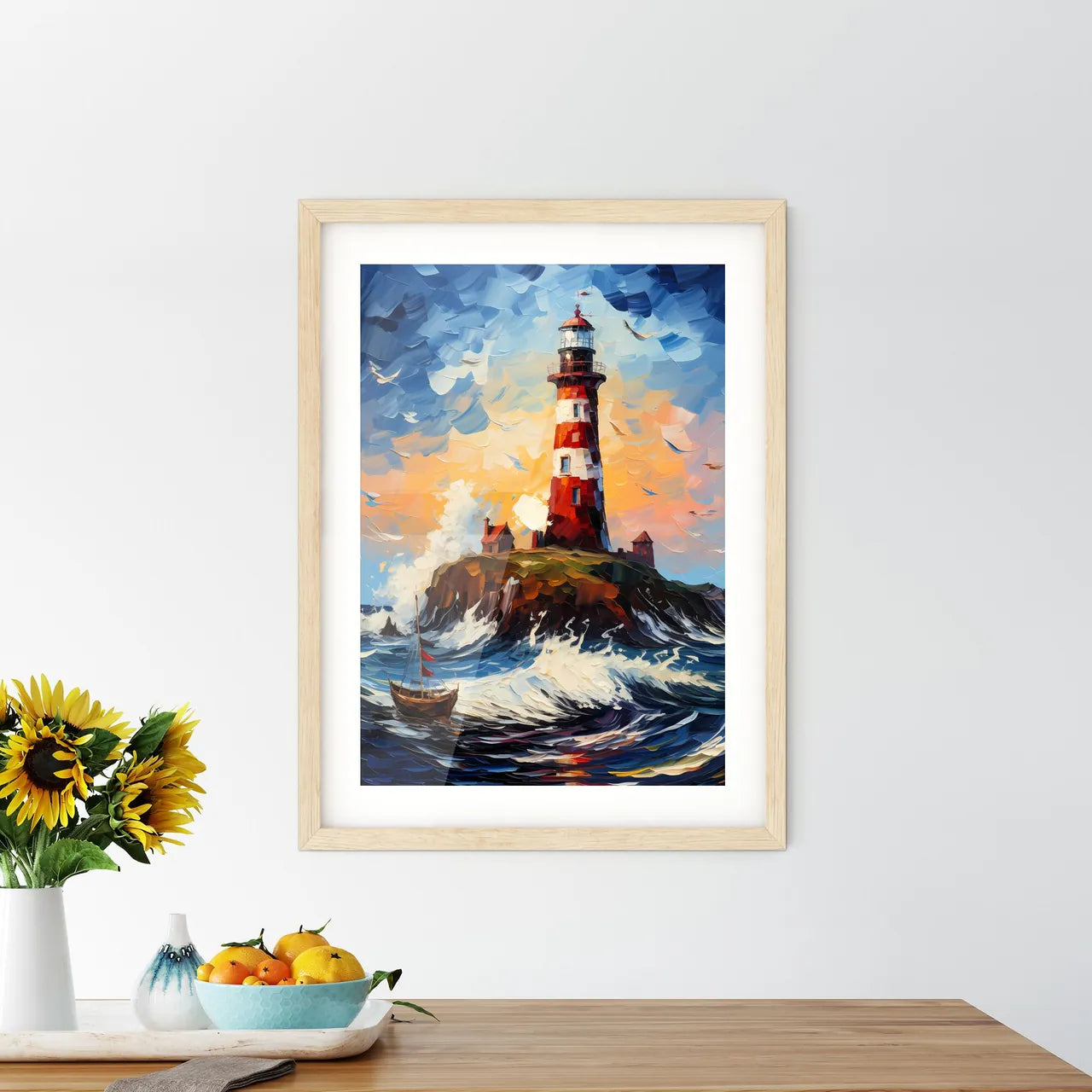 Painting Of Lighthouse Amount The Sea - A Painting Of A Lighthouse On An Island With A Boat In The Ocean Custom Print