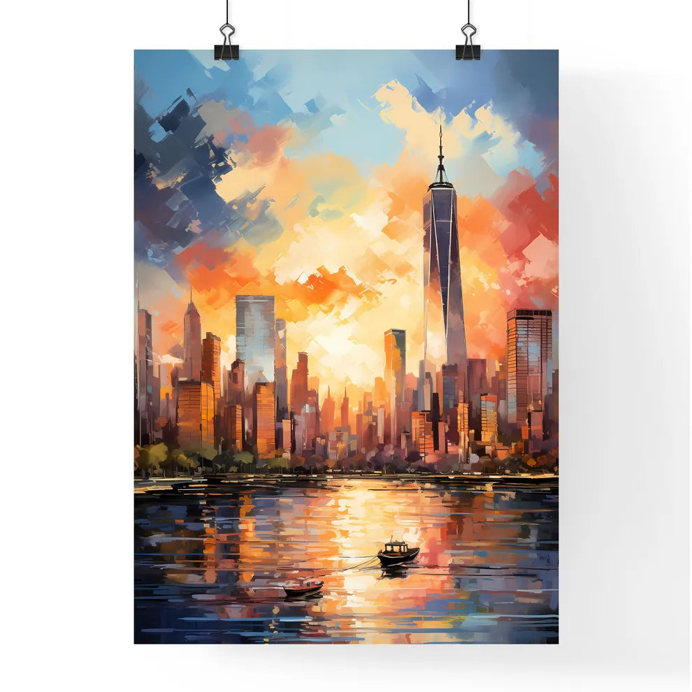 Panorama Of Manhattan New York Usa - A Painting Of A City With A Boat In The Water Poster