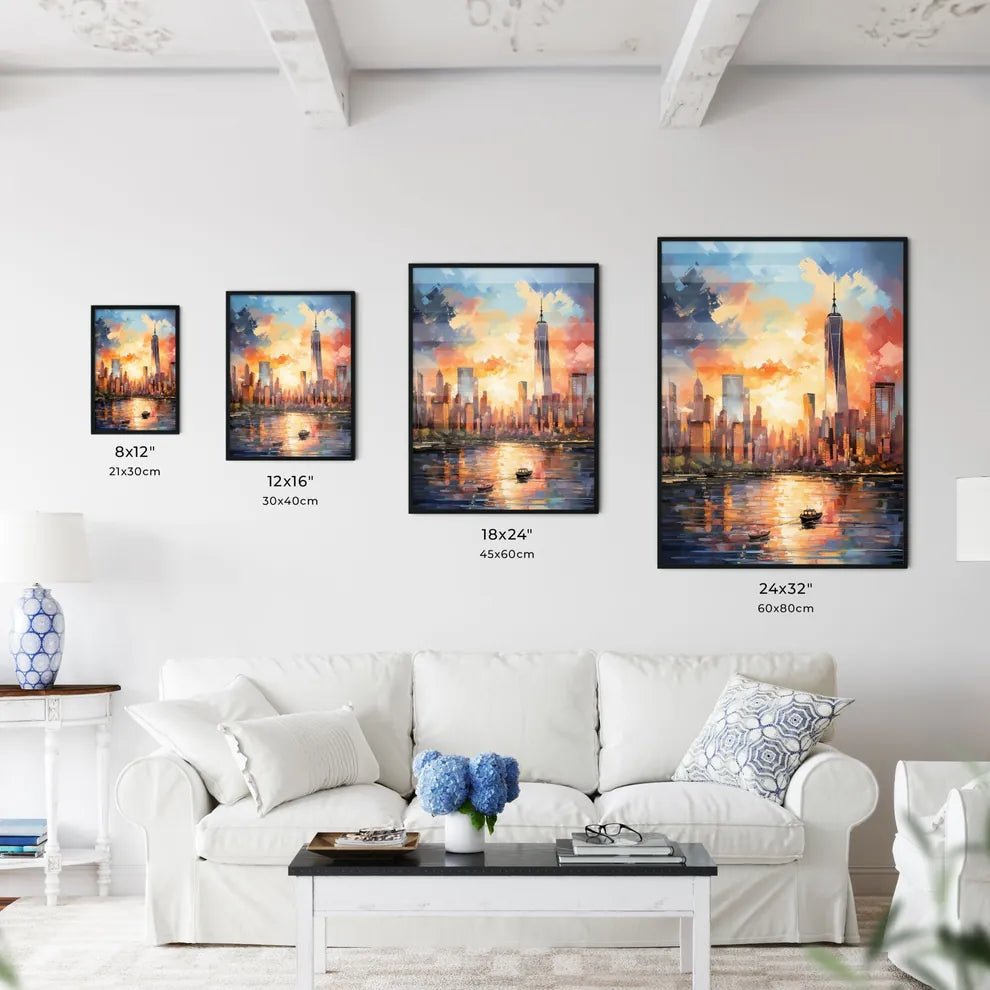 Panorama Of Manhattan New York Usa - A Painting Of A City With A Boat In The Water Size Chart