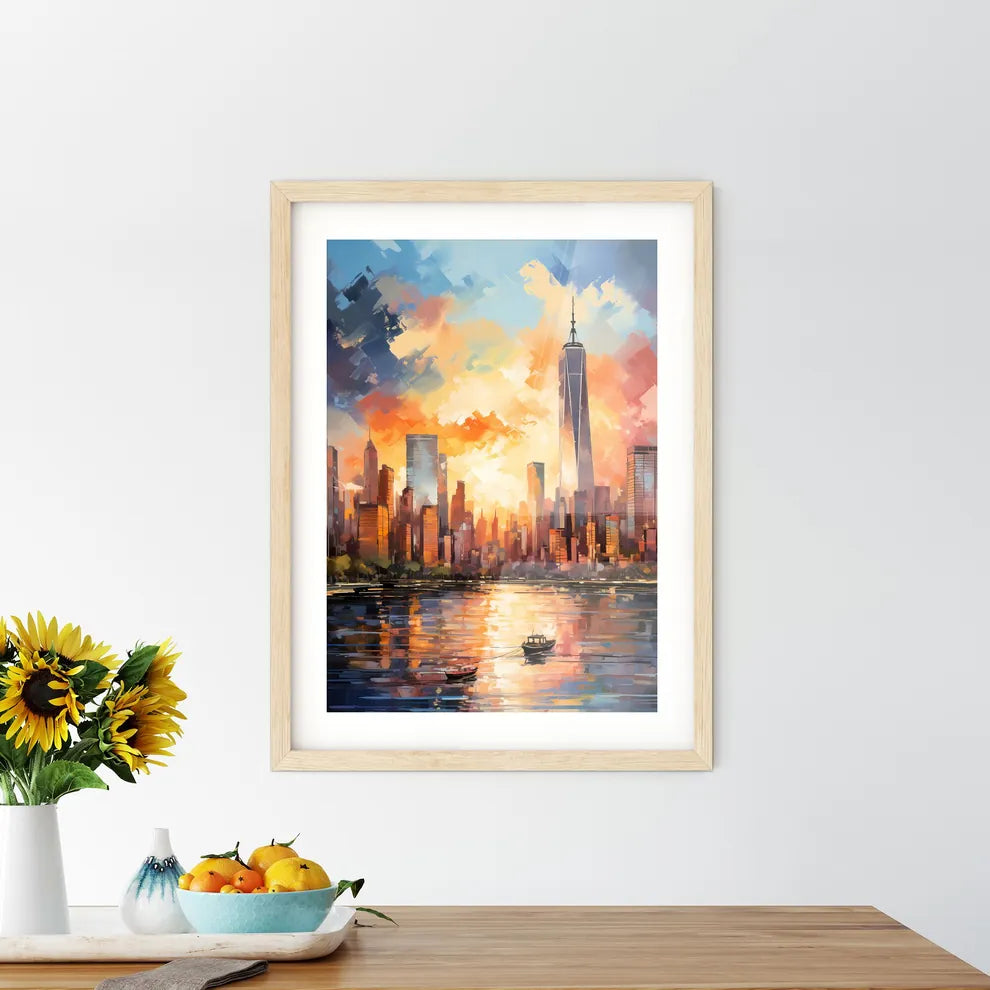 Panorama Of Manhattan New York Usa - A Painting Of A City With A Boat In The Water Custom Print