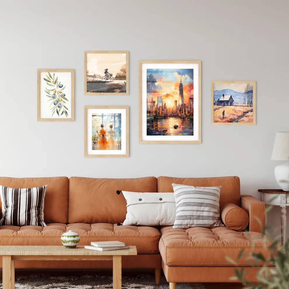 Panorama Of Manhattan New York Usa - A Painting Of A City With A Boat In The Water Interior Design