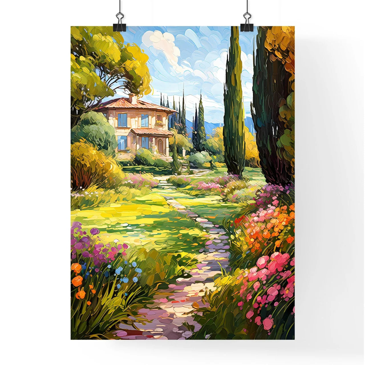 Peaceful Garden With A Freshly Mown Grass Lawn - A Painting Of A House And A Garden Poster