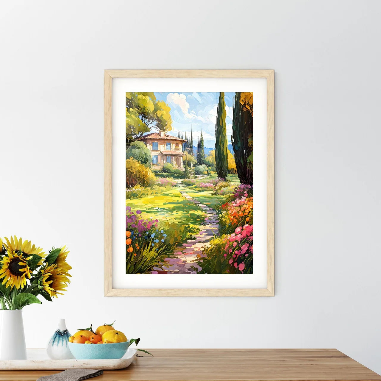 Peaceful Garden With A Freshly Mown Grass Lawn - A Painting Of A House And A Garden Custom Print
