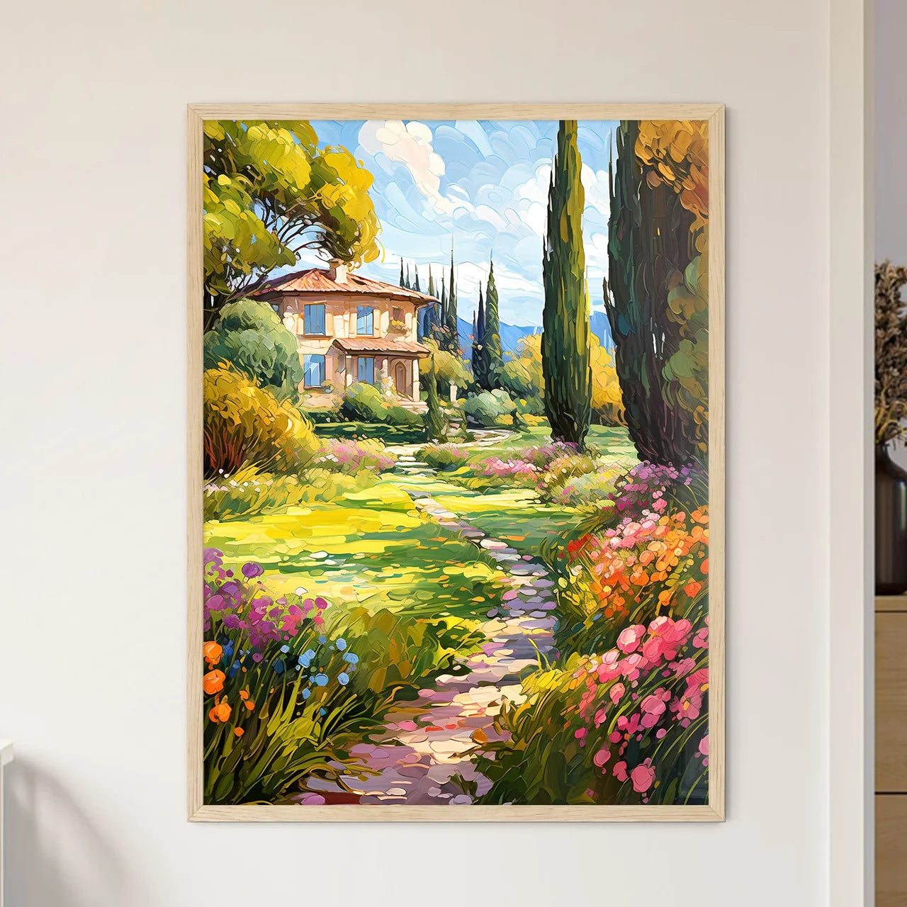 Peaceful Garden With A Freshly Mown Grass Lawn - A Painting Of A House And A Garden Framed Art