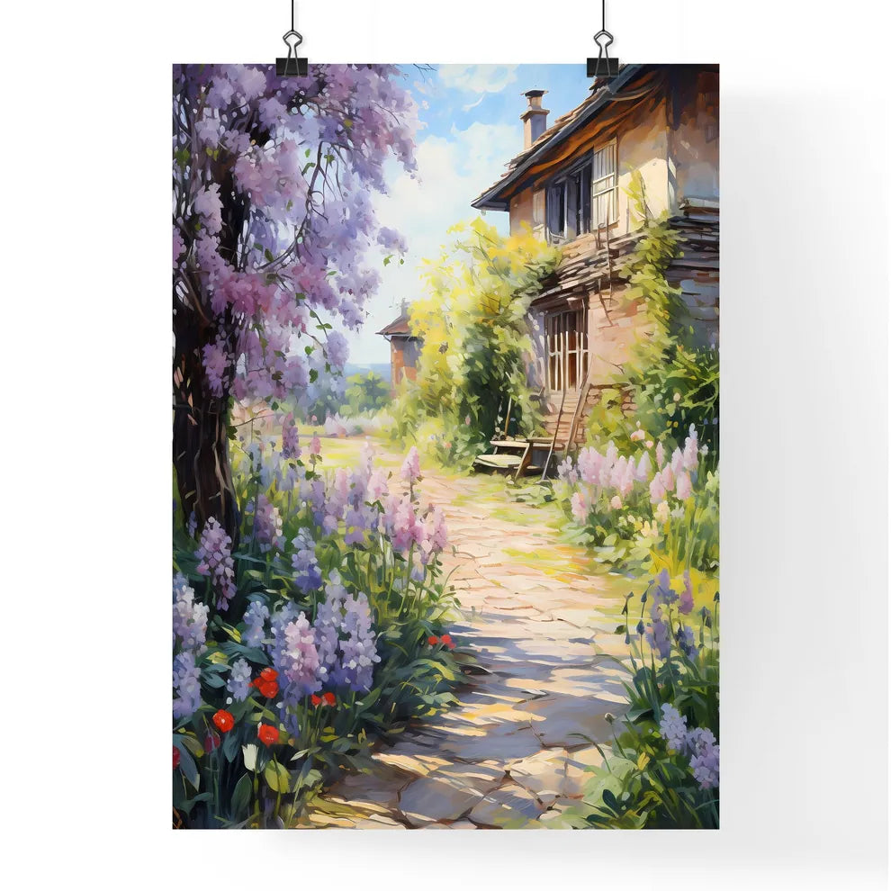 Peaceful Garden With A Freshly Mown Grass Lawn - A Path Between Flowers And A Building Poster