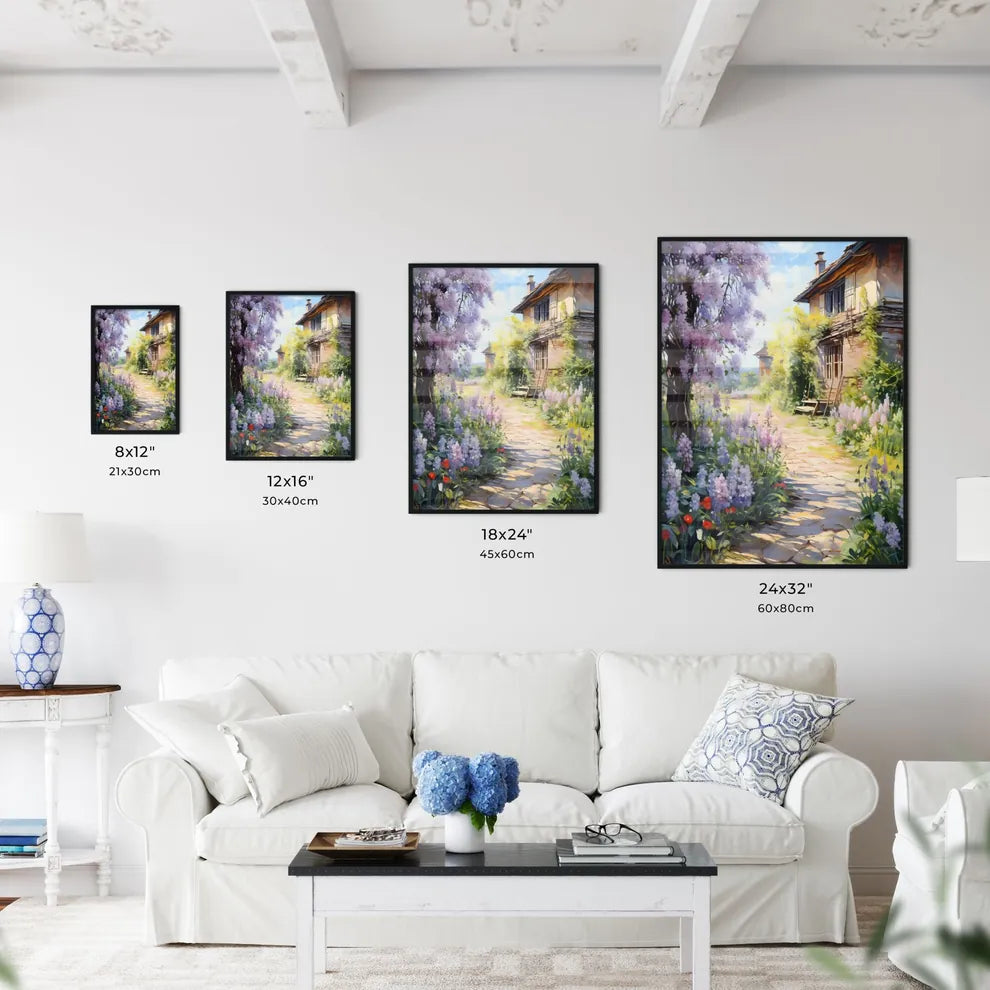 Peaceful Garden With A Freshly Mown Grass Lawn - A Path Between Flowers And A Building Size Chart