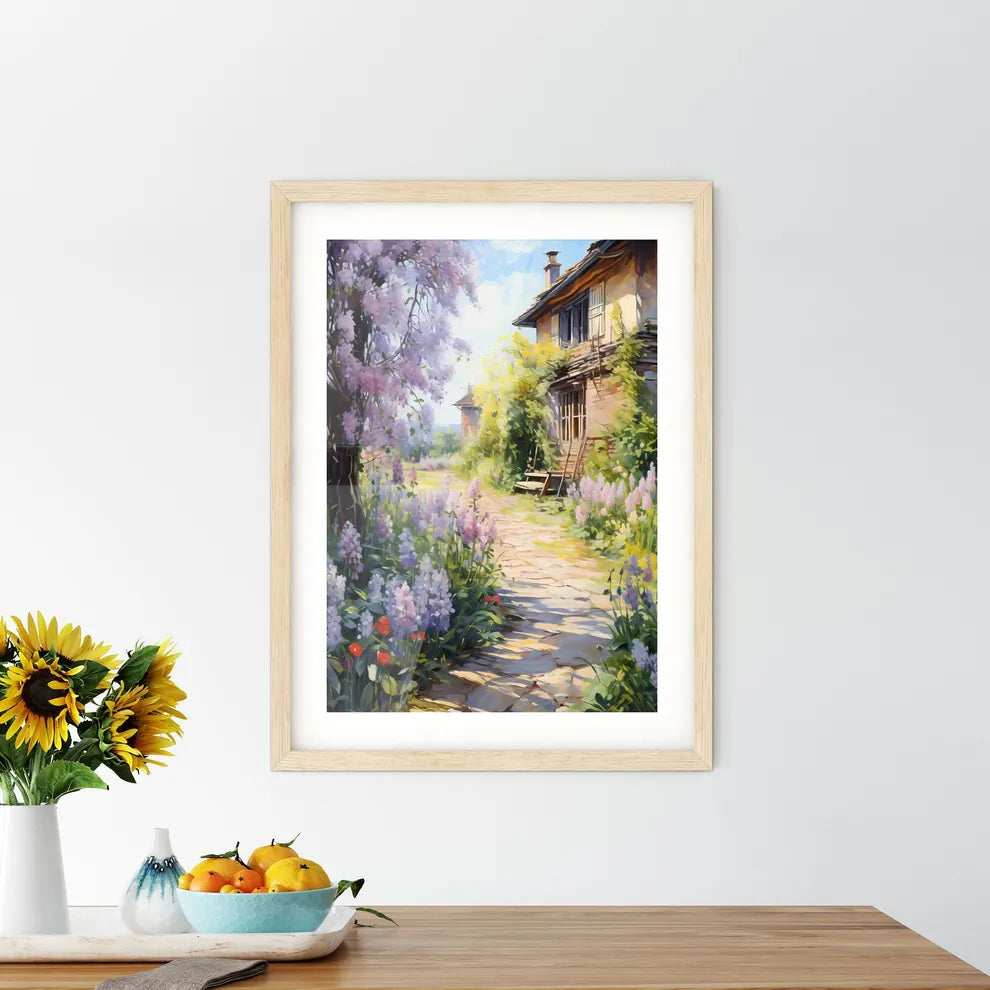 Peaceful Garden With A Freshly Mown Grass Lawn - A Path Between Flowers And A Building Custom Print