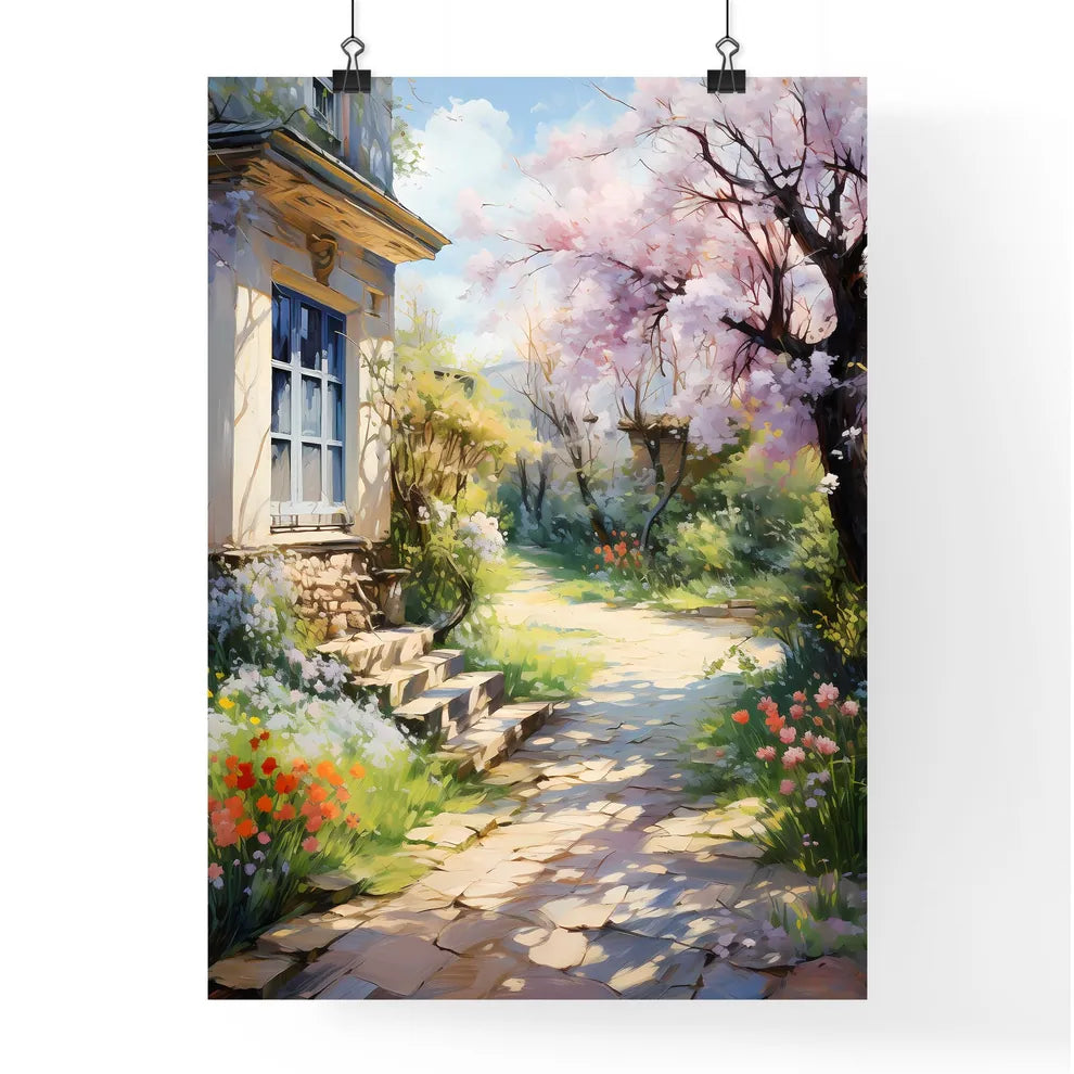 Peaceful Garden With A Freshly Mown Grass Lawn - A House With A Stone Path And Flowers Poster