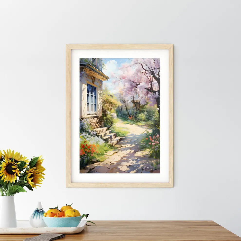 Peaceful Garden With A Freshly Mown Grass Lawn - A House With A Stone Path And Flowers Custom Print