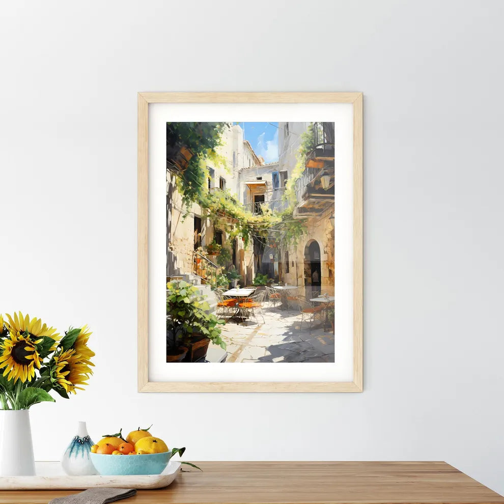 Pictorial Scene Of Courtyard In Old Town Of Croatia - A Courtyard With Tables And Chairs Custom Print