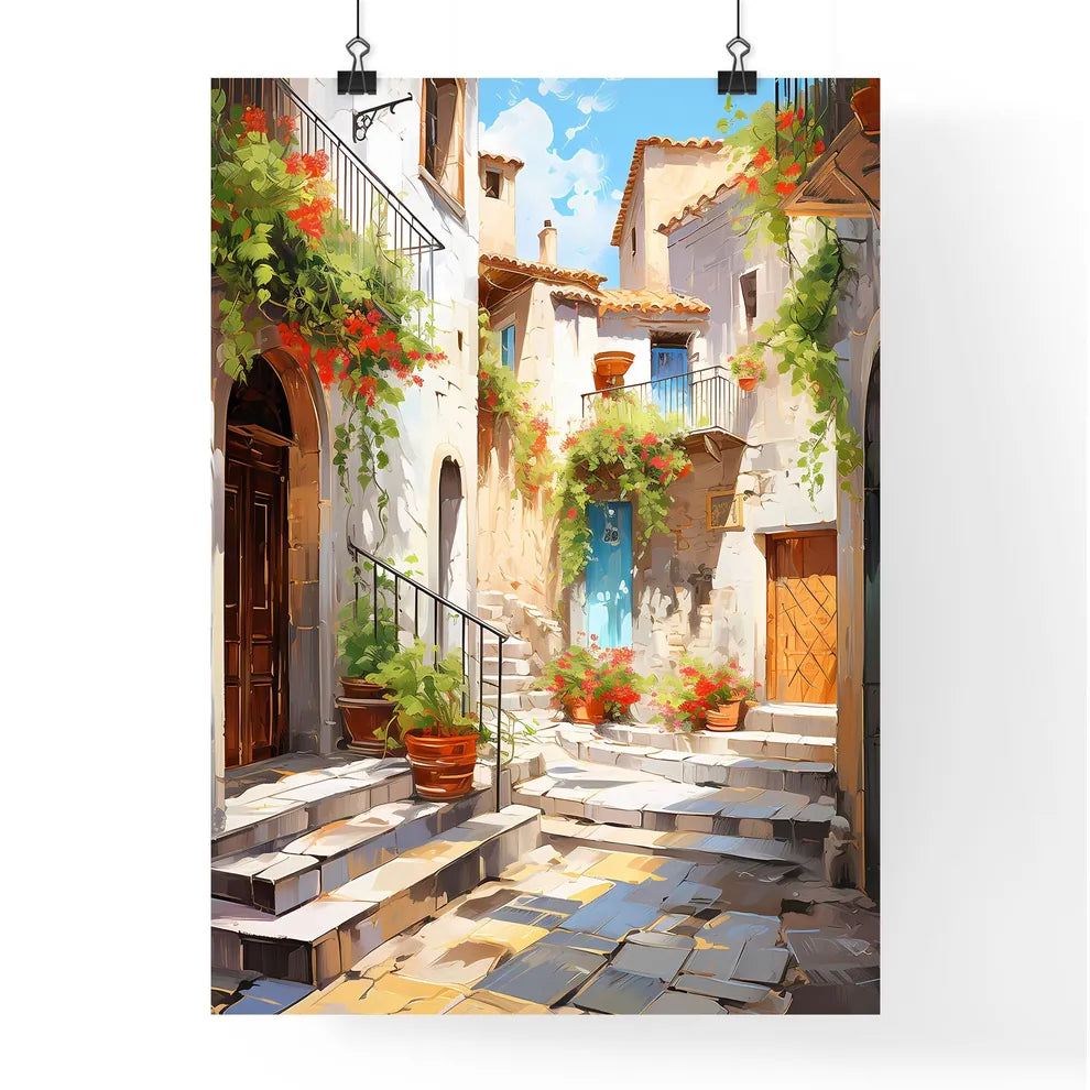 Pictorial Scene Of Courtyard In Old Town Of Croatia - A Courtyard With Stairs And Stairs Leading To A Stone Building With Flowers Poster