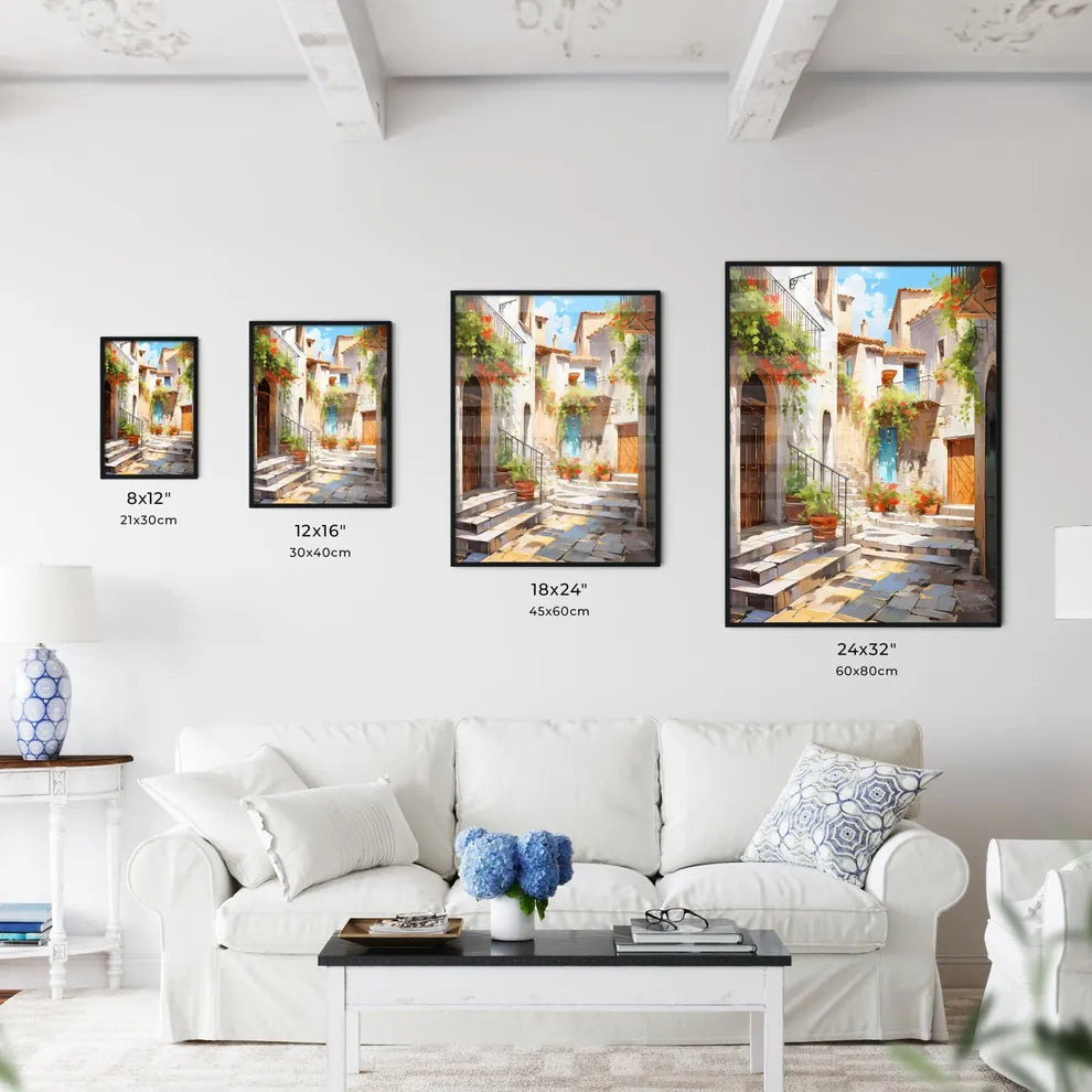 Pictorial Scene Of Courtyard In Old Town Of Croatia - A Courtyard With Stairs And Stairs Leading To A Stone Building With Flowers Size Chart