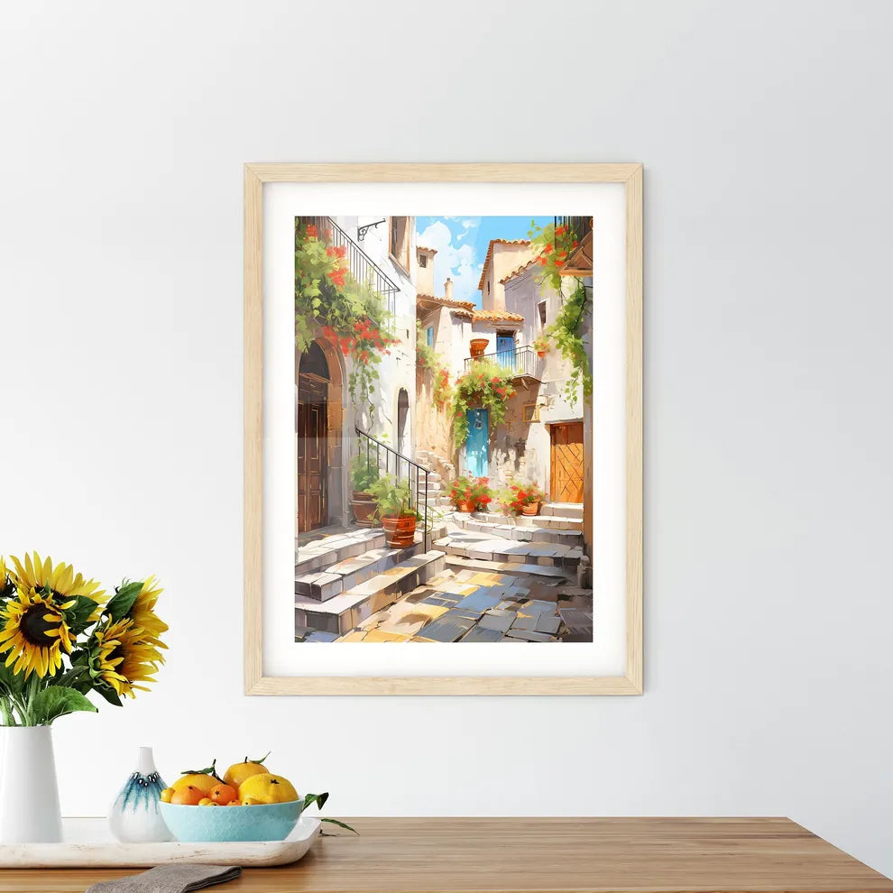 Pictorial Scene Of Courtyard In Old Town Of Croatia - A Courtyard With Stairs And Stairs Leading To A Stone Building With Flowers Custom Print