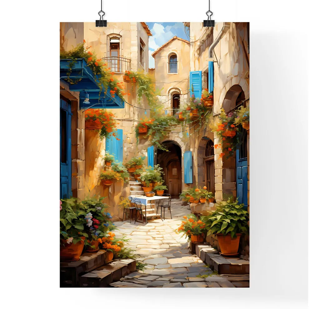 Pictorial Scene Of Courtyard In Old Town Of Croatia - A Courtyard With Plants And A Table Poster