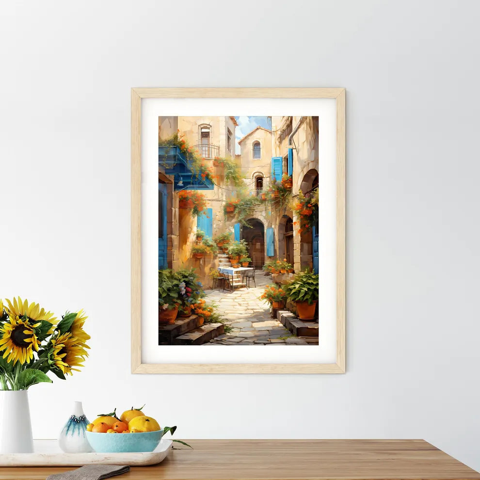 Pictorial Scene Of Courtyard In Old Town Of Croatia - A Courtyard With Plants And A Table Custom Print