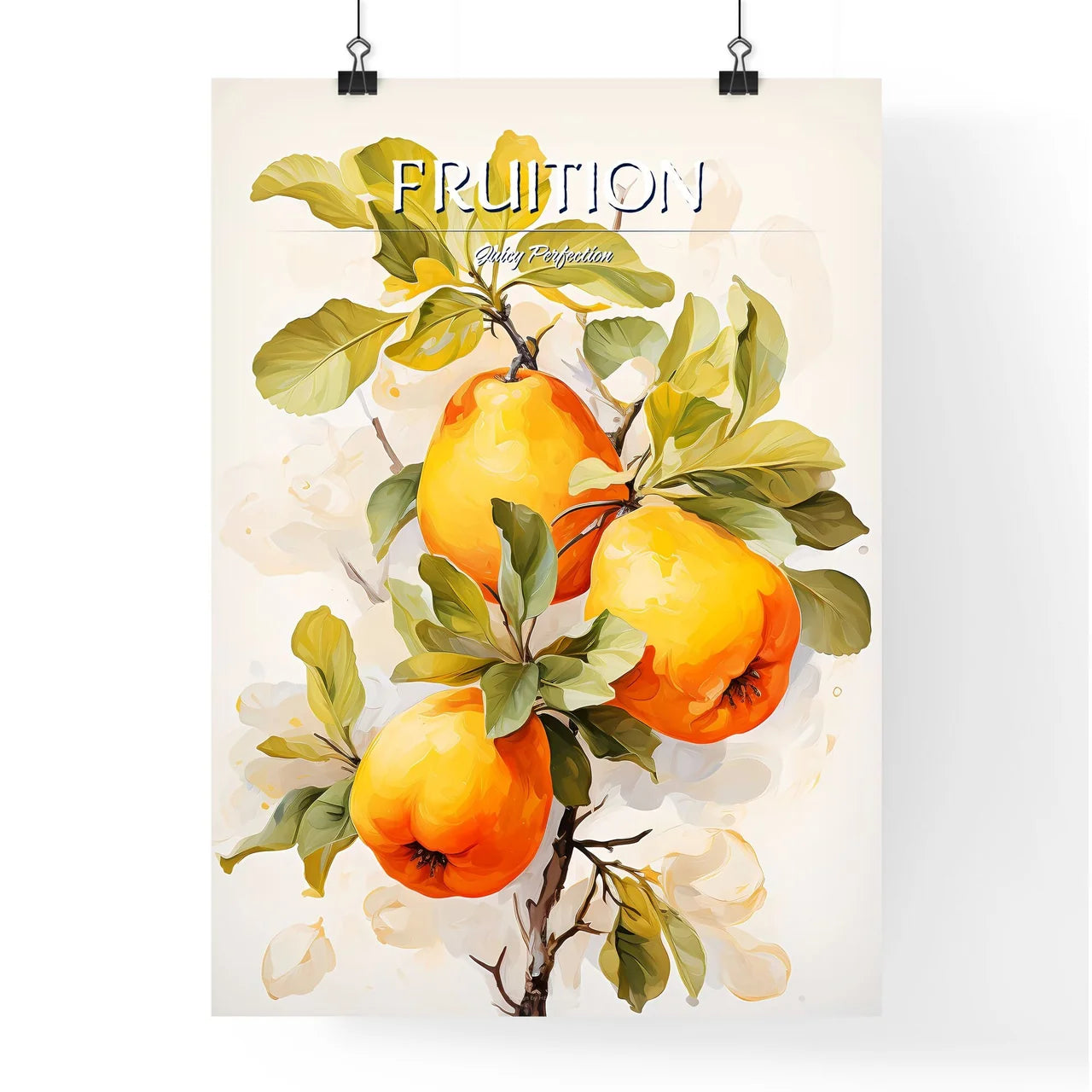 Quince Fruit With Leaf On White - A Painting Poster