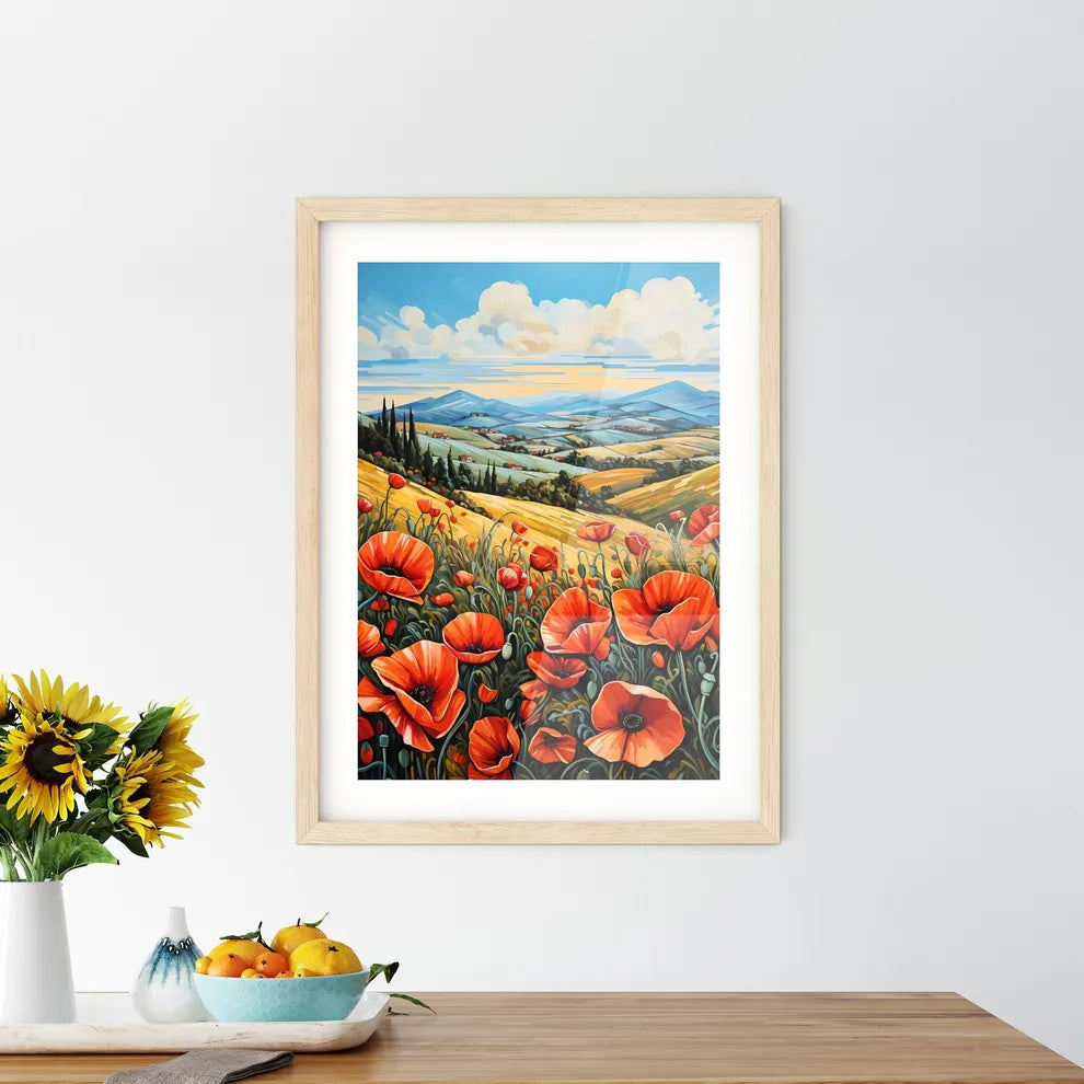 Red Poppies In Front Of Landscape View - A P Framed Print