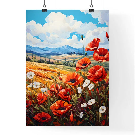 Red Poppies In Front Of Landscape View - A P Poster