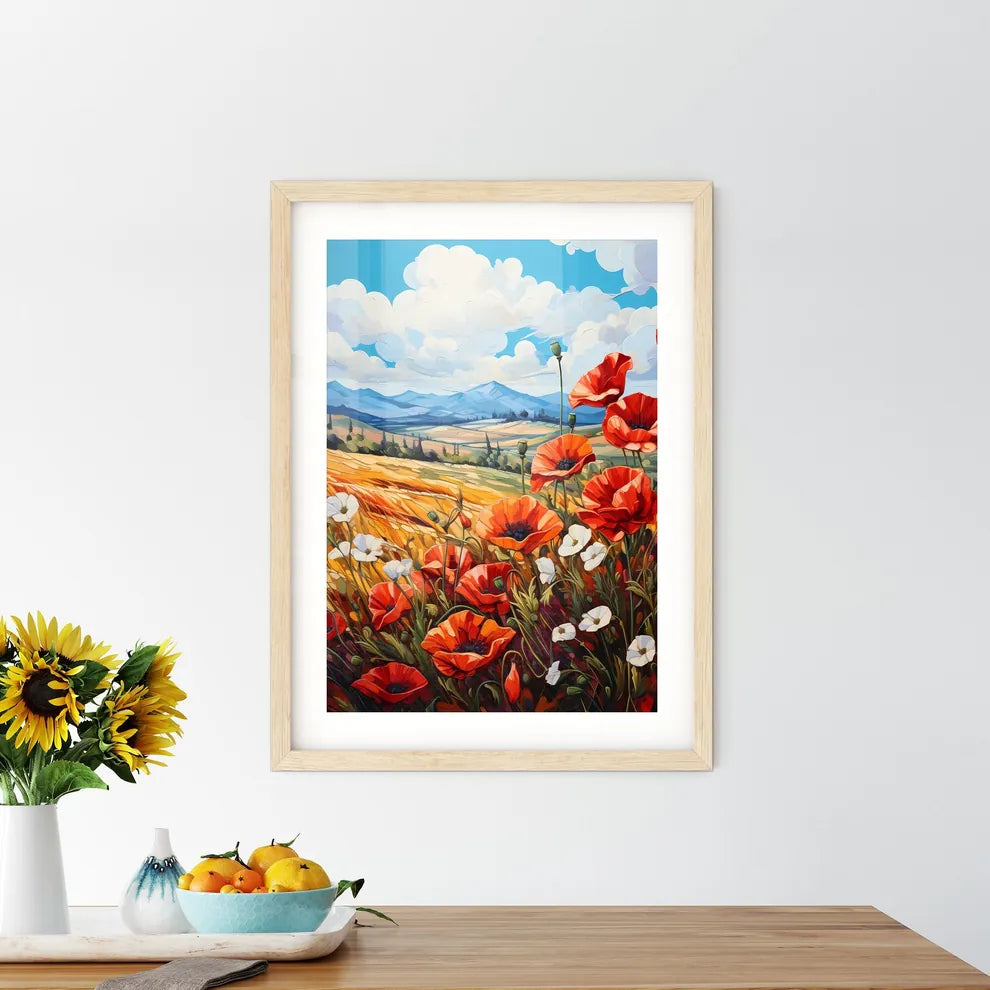 Red Poppies In Front Of Landscape View - A P Framed Print