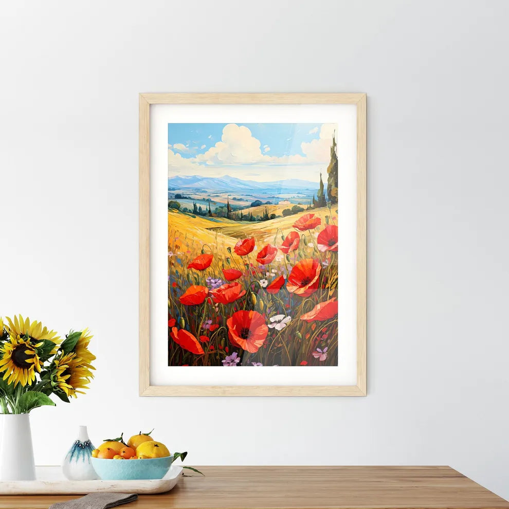 Red Poppies In Front Of Landscape View - A P Framed Print