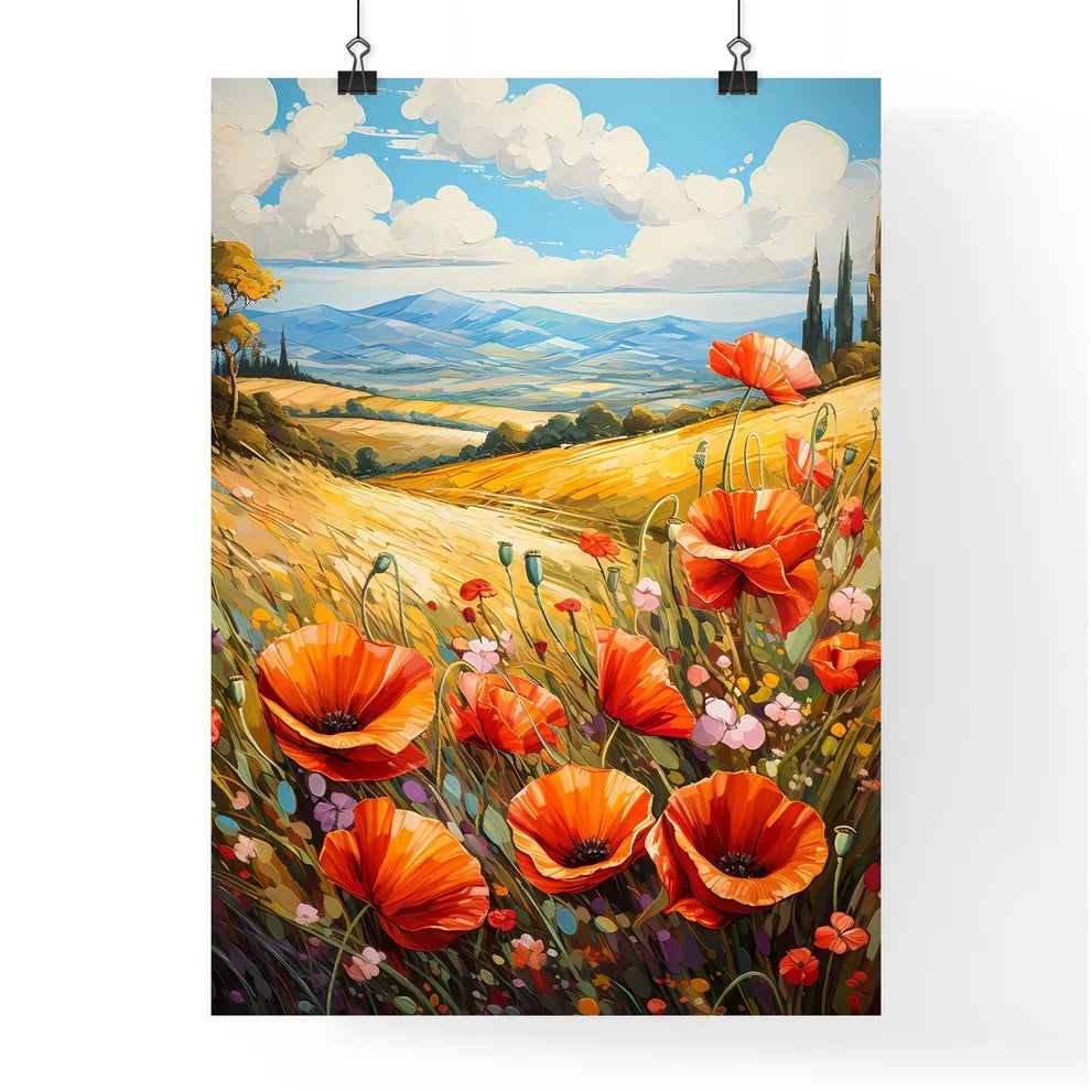 Red Poppies In Front Of Landscape View - A P Poster