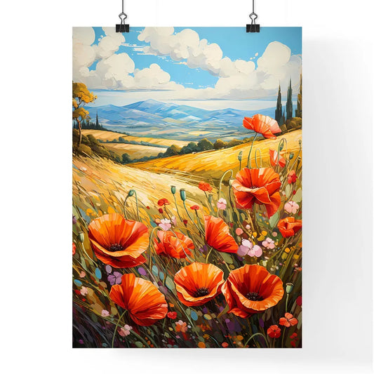 Red Poppies In Front Of Landscape View - A P Poster