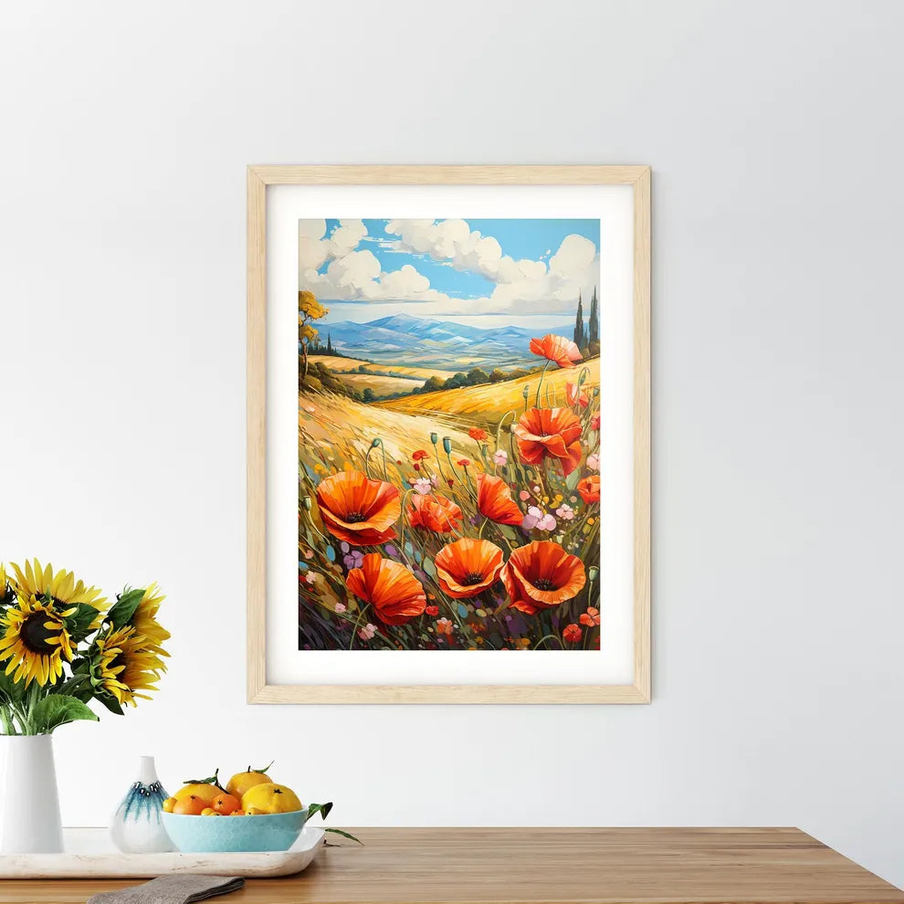 Red Poppies In Front Of Landscape View - A P Framed Print