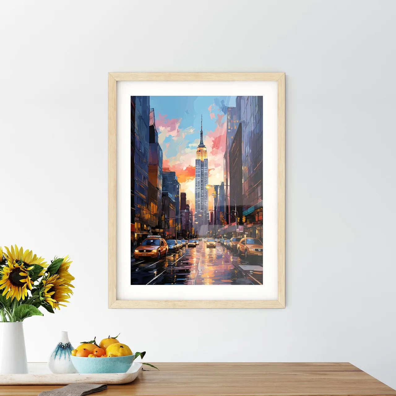 Skyscrapers Of Manhattan New York Usa - A City Street With Cars And A Tall Building Custom Print